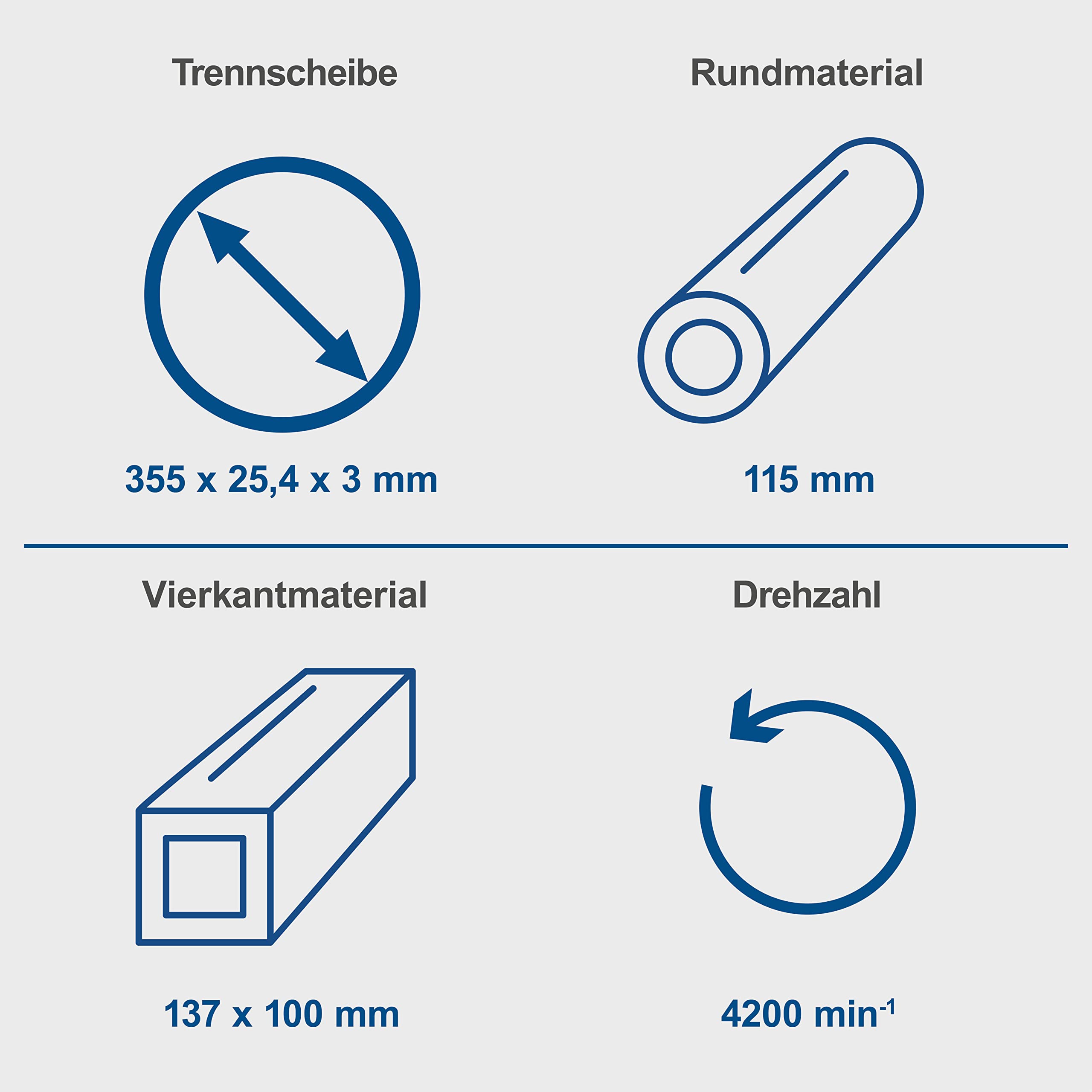 Scheppach Trennschneider MT150 Metallsäge Metall Kappsäge mit Softstart Gehrungssäge | Schnitthöhe max. 115mm | 2600W Leistung | 4200 min-1 | Trennscheibe Ø 355 x 25,4 mm | Neigungswinkel 0-45°