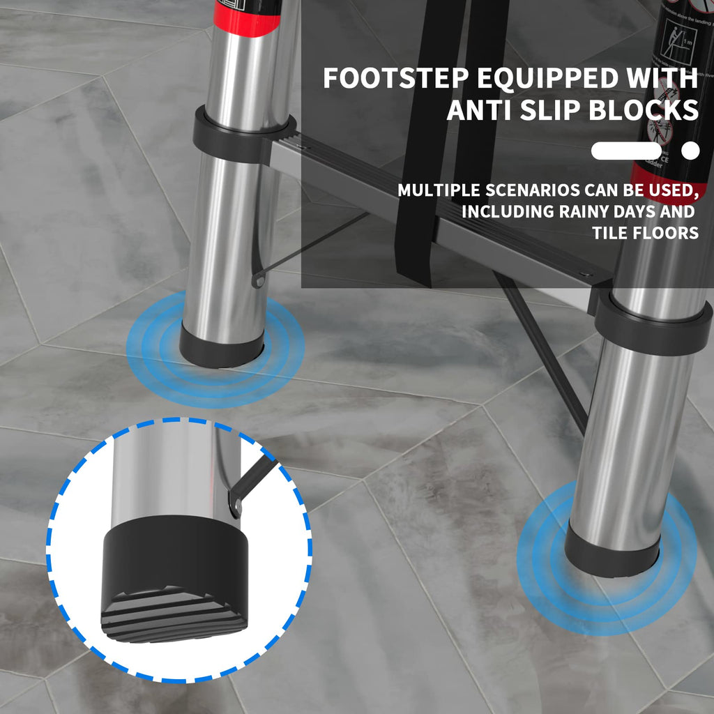 4,4M Teleskopleiter mit Haken Edelstahl Leiter Klappleiter Ausziehleiter Stehleiter Rutschfester, Teleskop-Design, aus hochwertigem Edelstahl, Tragbar, Leichte, 150 kg Belastbarkeit