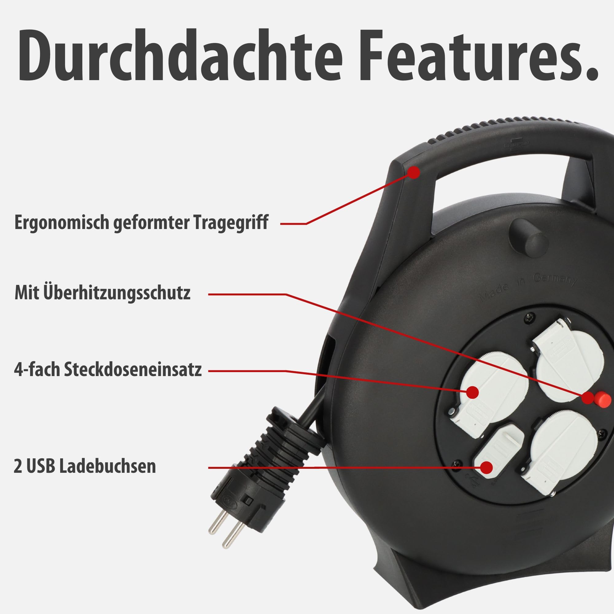 Brennenstuhl Vario Line Kabelbox 3-fach mit USB/Mini-Kabeltrommel für den Innenbereich (Indoor-Kabeltrommel mit USB-Ladefunktion und 10m Kabel, Made in Germany) schwarz