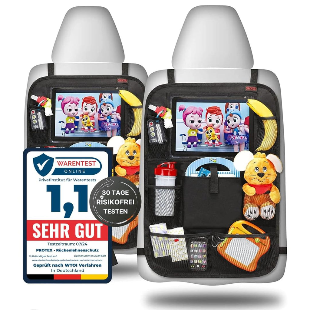 PROTEX© Rückenlehnenschutz Organizer [Testsieger 2025] 100 Tage risikofrei testen - Auto Rücksitz Organizer mit 12 Zoll Tablet Fach [2er schwarz]