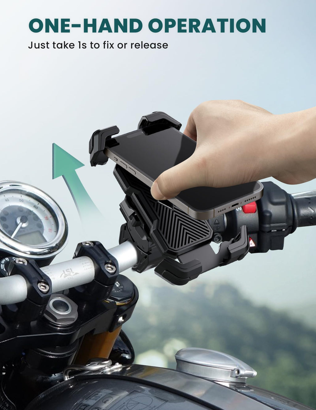 Grefay Motorrad Handyhalterung Handyhalterung Fahrrad [2025 Doppelt Vibrationsgedämpft] Handy Motorradhalterung 360° Drehbar Lenker Halter für iPhone16 15 14 13 12 Pro Max, Smartphone (Schwarz)