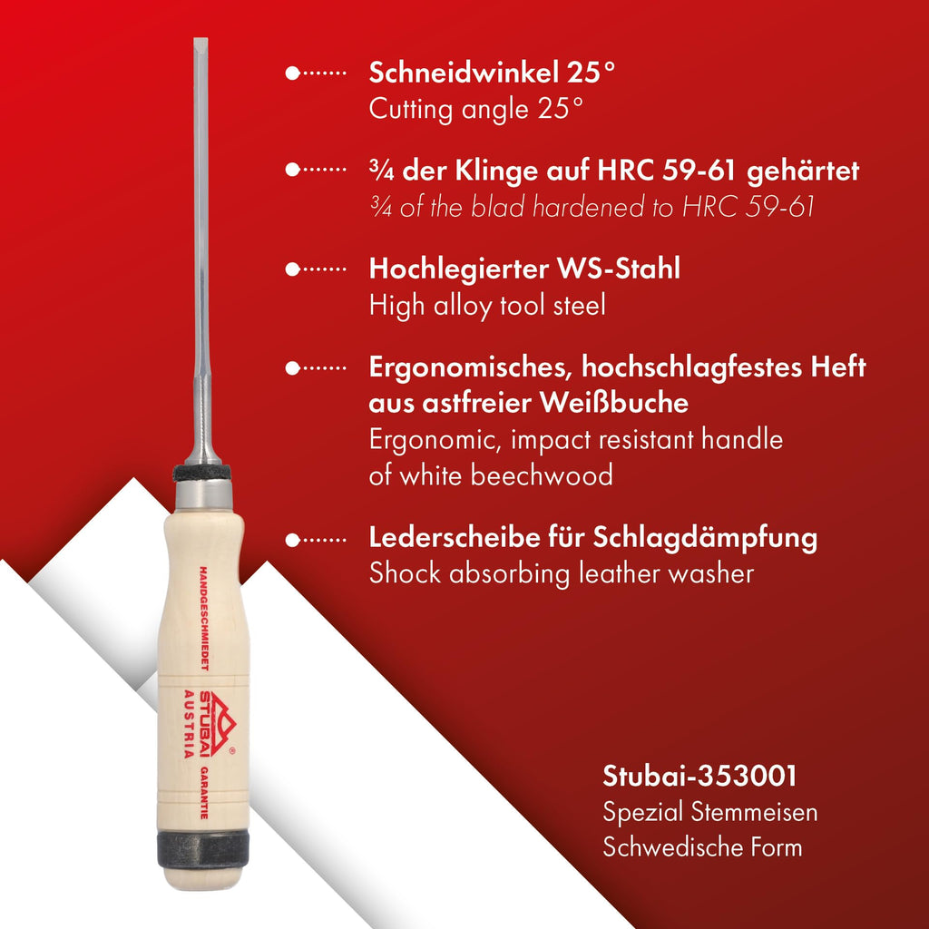 STUBAI Spezial Stemmeisen | schwedische Form | Klingenbreite 4 mm | Weißbuchen-Holzheft, polierte Fase | DIN 3139 | präzises Stechbeitel/Beitel für Holz | Profi-Qualität für Schreiner & Tischler