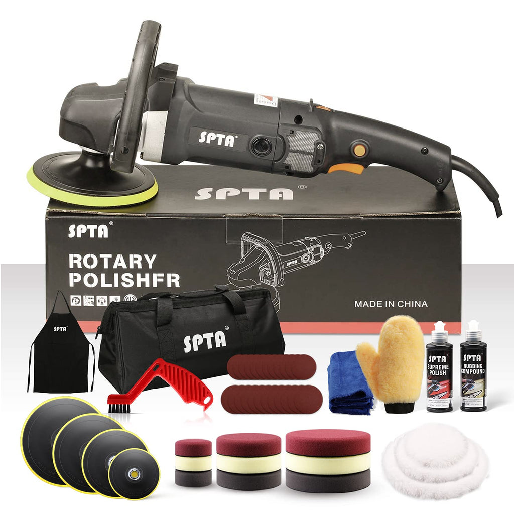 Poliermaschine, SPTA 125mm/150mm/180mm Polierer mit Variable Geschwindigkeit Profiset - Schleifmaschine 1200 Watt Set + Polierschwamm Zubehörset, Polierteller, Wollscheibe für Auto KFZ Boot -SPTA0020