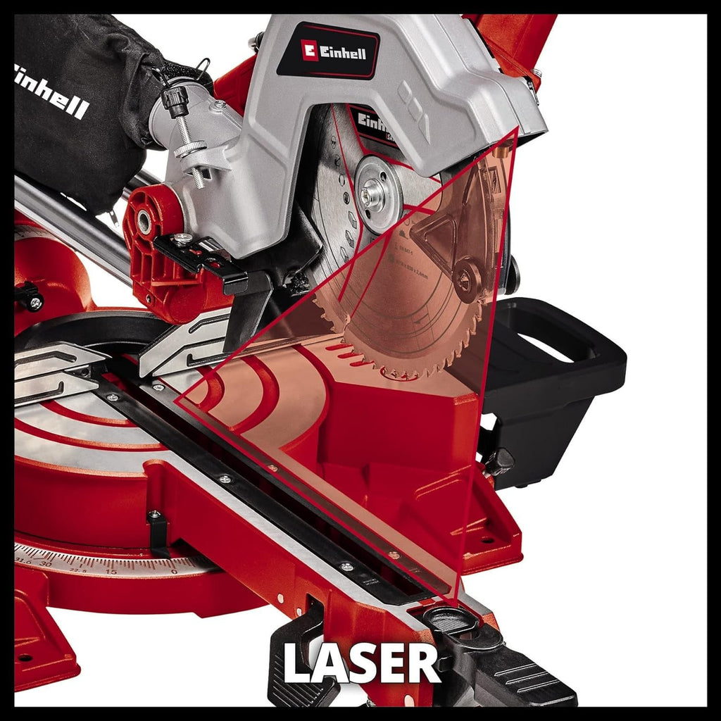 Einhell Zug-Kapp-Gehrungssäge TE-SM 216 Dual (1800 W, max. 65 mm x 305 mm Schnitttiefe/-breite, Ø 216 mm Sägeblatt, beidseitig neigbarer Sägekopf, Zugfunktion, Laser)