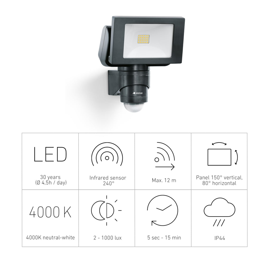 Steinel LED Außenstrahler LS 150 S schwarz, 240° Bewegungsmelder, max. 12 m Reichweite, 14,7 W, Schwenkbar, 1375 lm, 4000 K