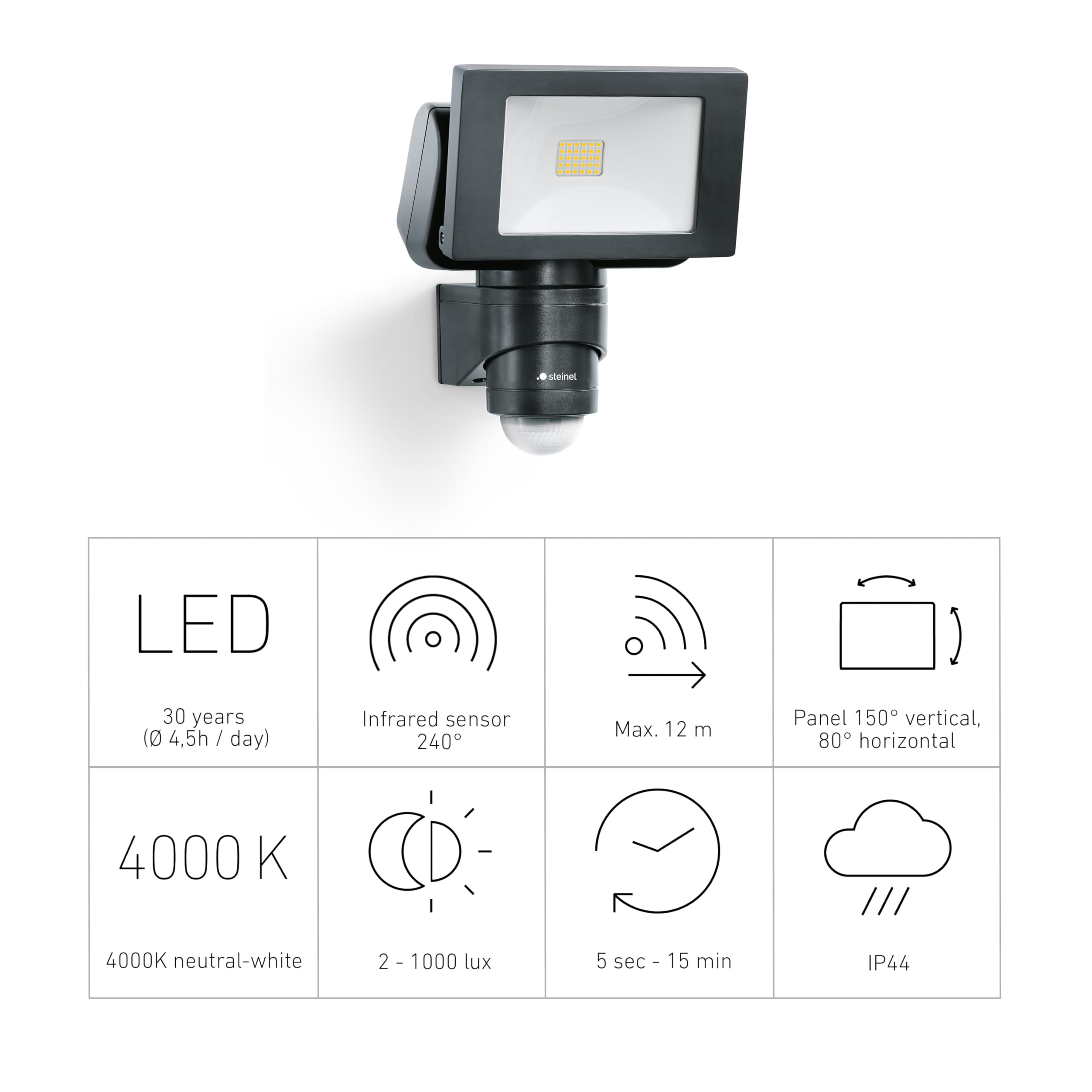 Steinel LED Außenstrahler LS 150 S schwarz, 240° Bewegungsmelder, max. 12 m Reichweite, 14,7 W, Schwenkbar, 1375 lm, 4000 K