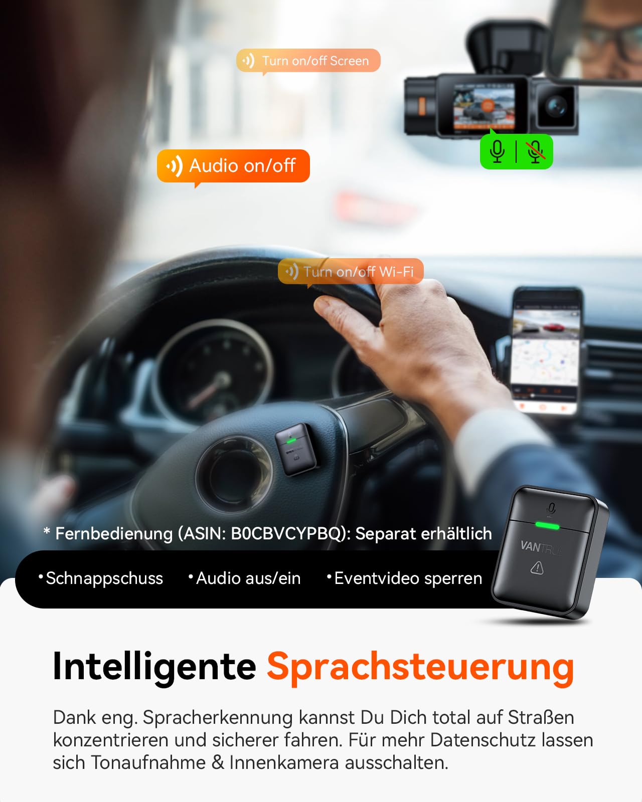 VANTRUE N2X 2.7K+1080P Dashcam Auto Vorne Innen, STARVIS 2 Dual HDR Nachtsicht Dash Cam, 2.5K/60FPS Front, GPS, 5GHz WiFi, App & Sprachsteuerung, 2″ 323° Dasch-Cam 24/7 Parkmodus, G Sensor, max. 1TB