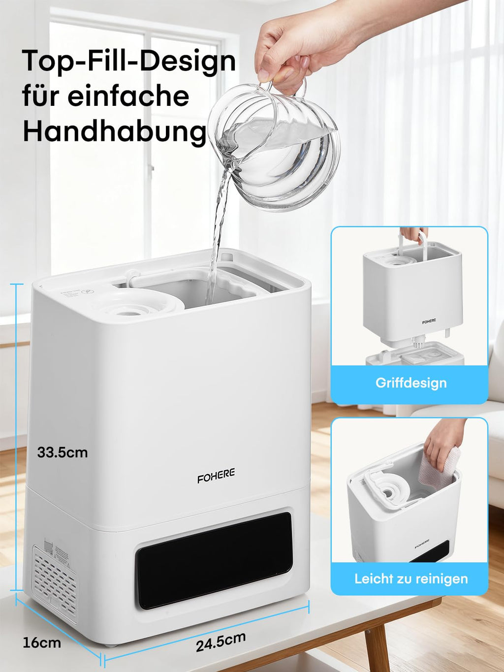 FOHERE 6L Luftbefeuchter für Große Räume, 60H Kaltnebel leiser Humidifier für Kinderzimmer, Schlafzimmer, Pflanzen, 28dB Ultra Leise, Präziser Feuchtigkeitssensor, 16H Timer, Aromadiffusor, Weiß