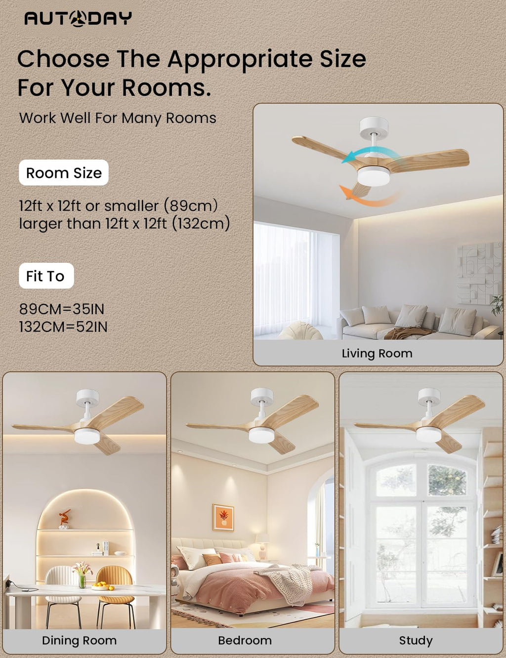 AUTODAY Holz Deckenventilator mit Beleuchtung,leiser Gleichstrommotor,90 cm deckenventilator outdoor,3 hölzern Flügel,dimmbarem LED 24W,Fernbedienung mit Memory-Funktion,6 Geschwindigkeiten,Timer