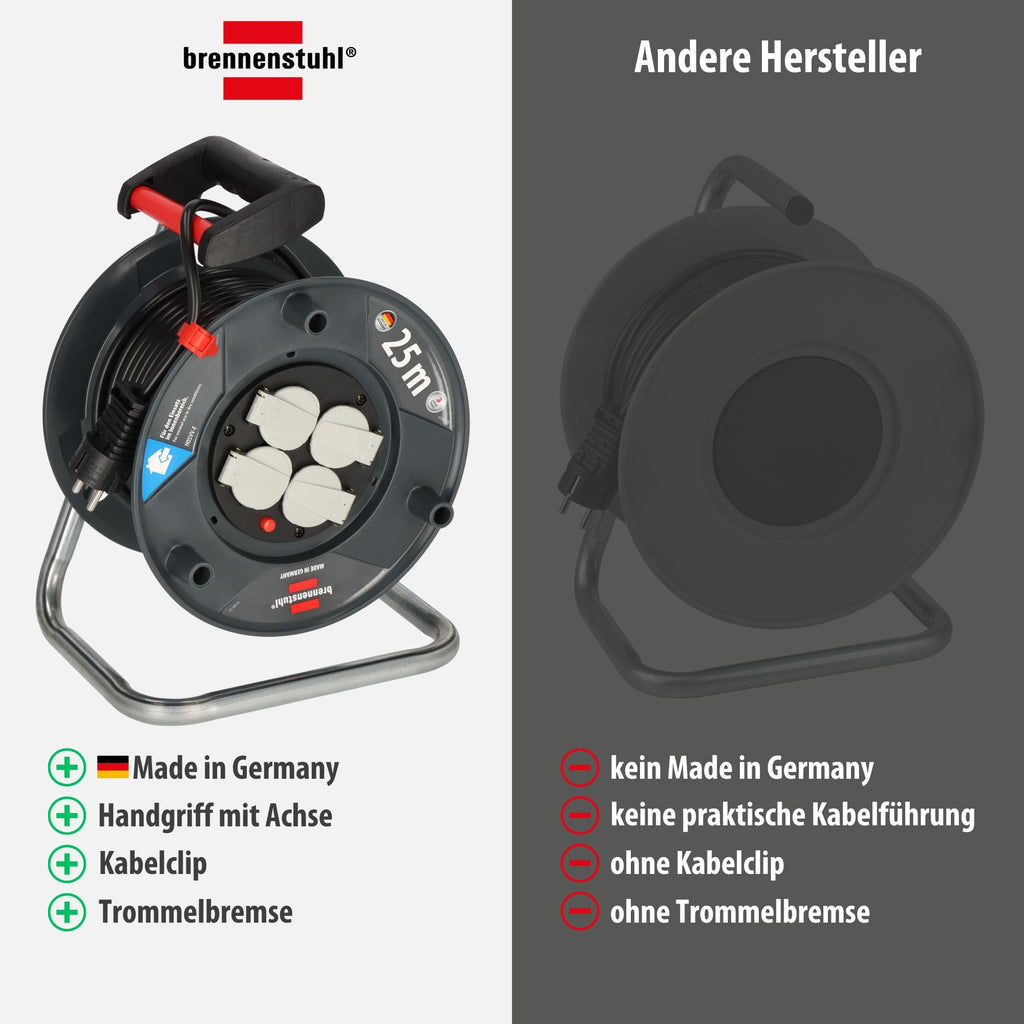 Brennenstuhl Garant V2 Kabeltrommel 25m Kabel (Made in Germany, 4 Schutzkontakt-Steckdosen, Überhitzungsschutz, Trommelkörper aus Spezialkunststoff)