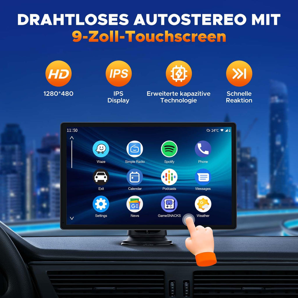 Volam Autoradio mit Wireless A-pple Carplay & Android Auto,9 Zoll IPS Touchscreen Tragbares Carplay Bildschirm mit Bluetooth 5.0,Digital Receiver mit Siri/Goog-le/Mirror Link/G-oogle/Siri/FM/AUX