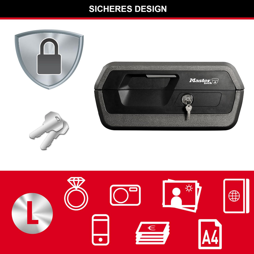 Master Lock Sicherheitskassette [Feuer- und Wasserfest] [Large] [Schlüsselschloss] LCFW30100 – Für Ausweise, A4-Dokumente, kleine Elektrogeräte, Juwelen usw.