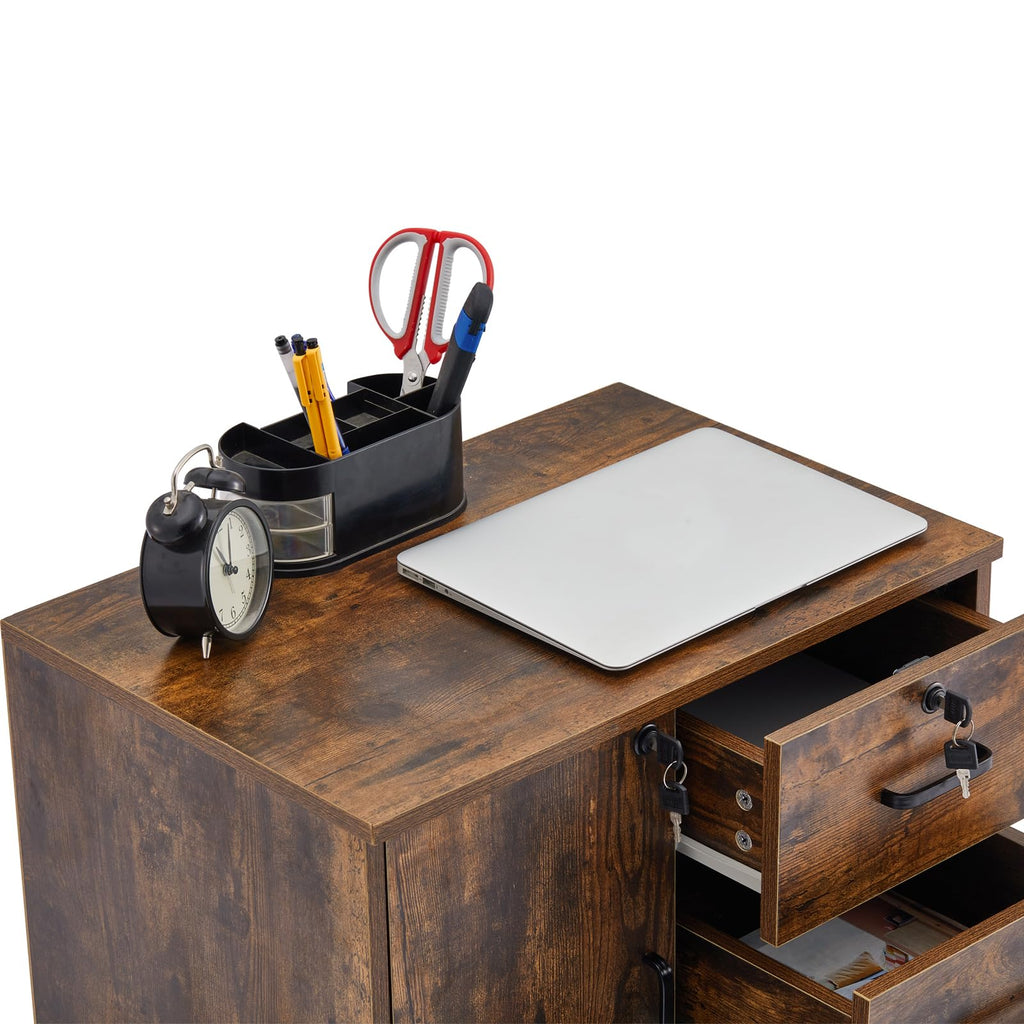 TUKAILAI Rollcontainer Aktenschrank aus Holz, Abschließbar Büroschrank mit 3 Schubladen und Tür, Mobiler Schreibtisch Unterschrank mit 4 Rollen für Büro Arbeitszimmer Wohnzimmer, 40×60×57 cm, Braun
