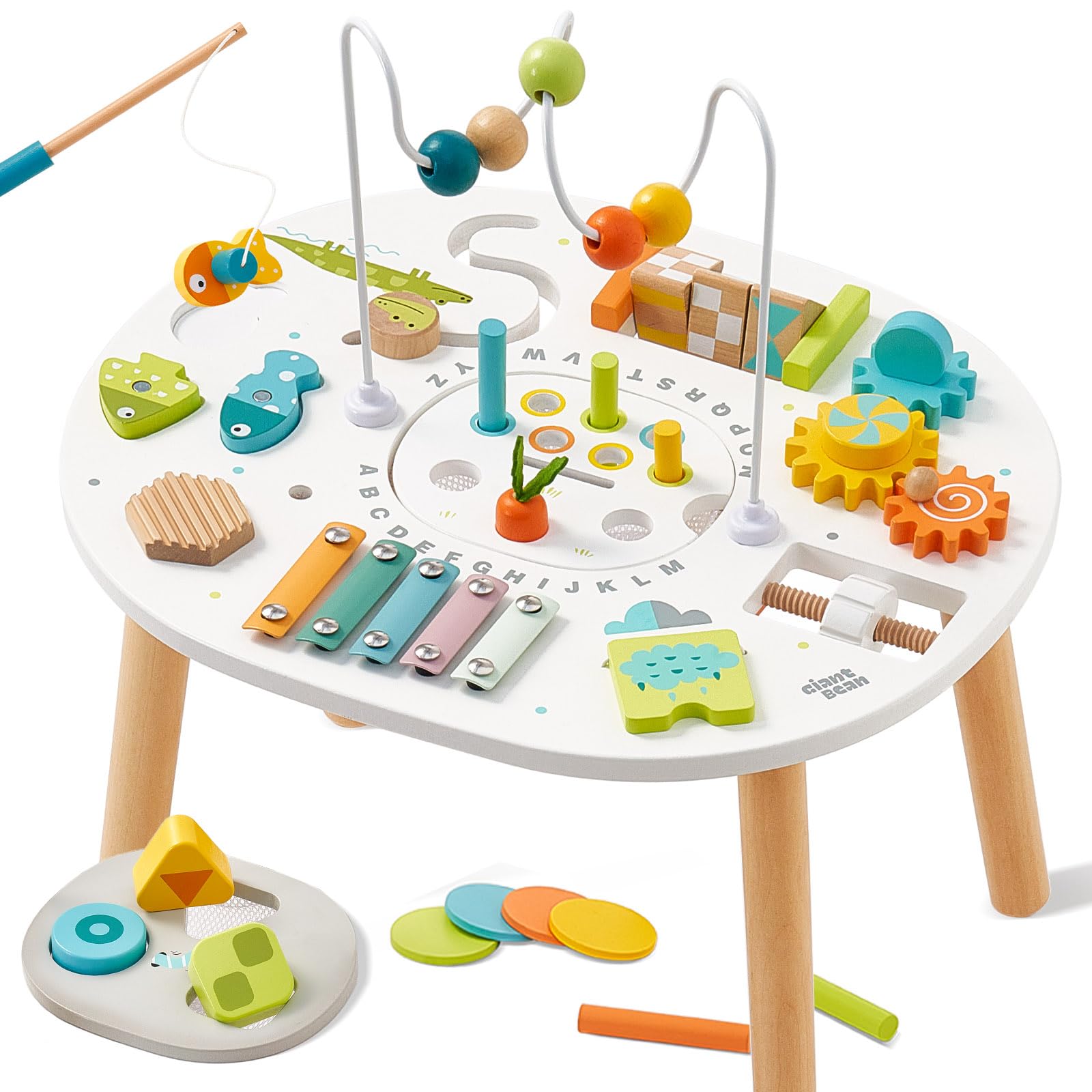 Giant bean Holz Aktivitätstisch für Kinder 1+, 11-in-1 Activity Tisch mit Lern und Motorik Spielzeug für Kleinkinder ab 12 Monaten, Geschenk Motoriktisch Spielzeug ab 1 2 3 Jahre Mädchen Junge