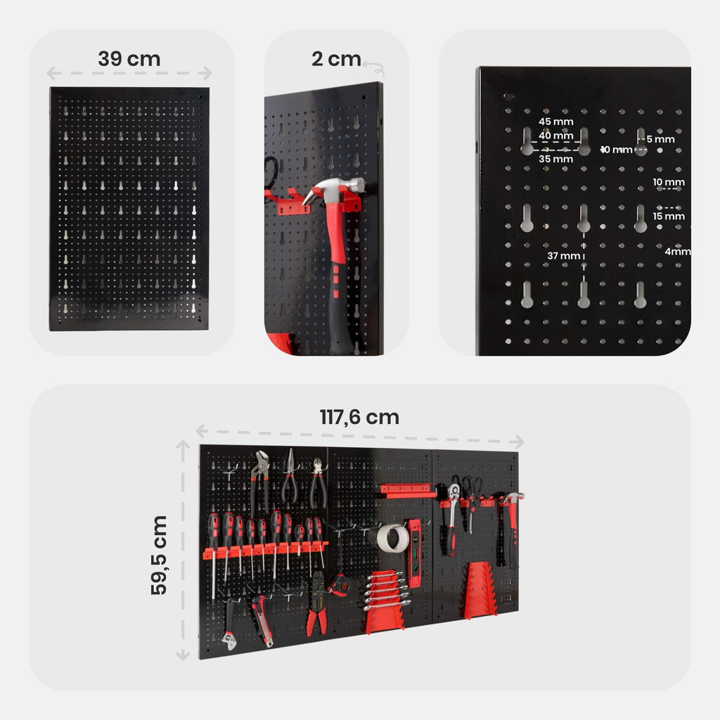 Arebos Werkzeugwand 3-teilige Lochwand Werkstatt | 17-teiliges Hakenset & Halterungen | 117,6 x 59,5 x 2 cm | Werkzeuglochwand aus Metall für Werkstatteinrichtung inkl. Montagematerial | Rot