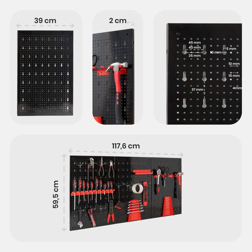 Arebos Werkzeugwand 3-teilige Lochwand Werkstatt | 17-teiliges Hakenset & Halterungen | 117,6 x 59,5 x 2 cm | Werkzeuglochwand aus Metall für Werkstatteinrichtung inkl. Montagematerial | Rot