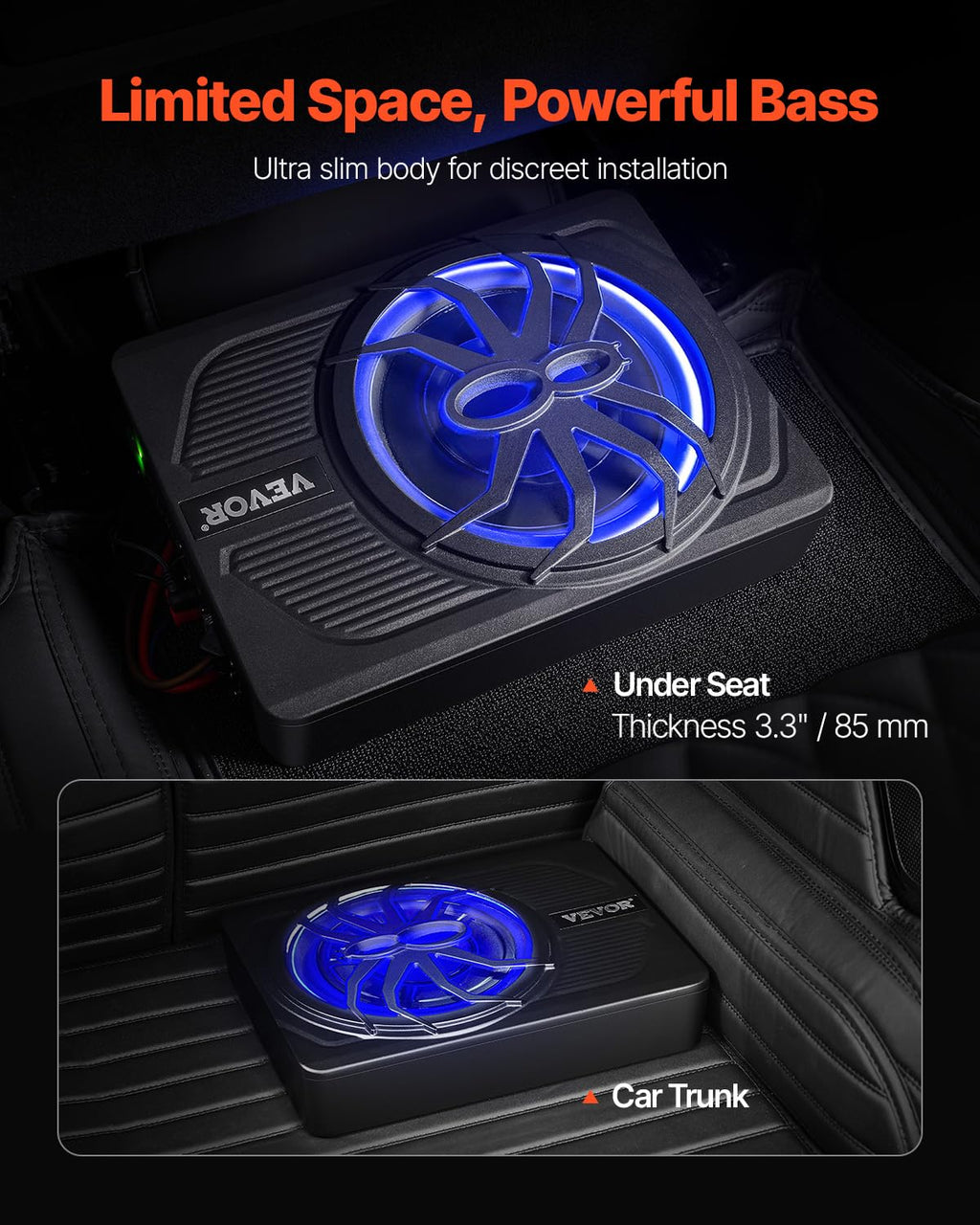 VEVOR Untersitz Auto Subwoofer 440 W 254 mm schlanker Auto Subwoofer unter dem Sitz Subsystem mit eingebautem Verstärker, Hoch-/Niedrigpegel-Eingang und Lautstärkeregler für SUVs Lkws