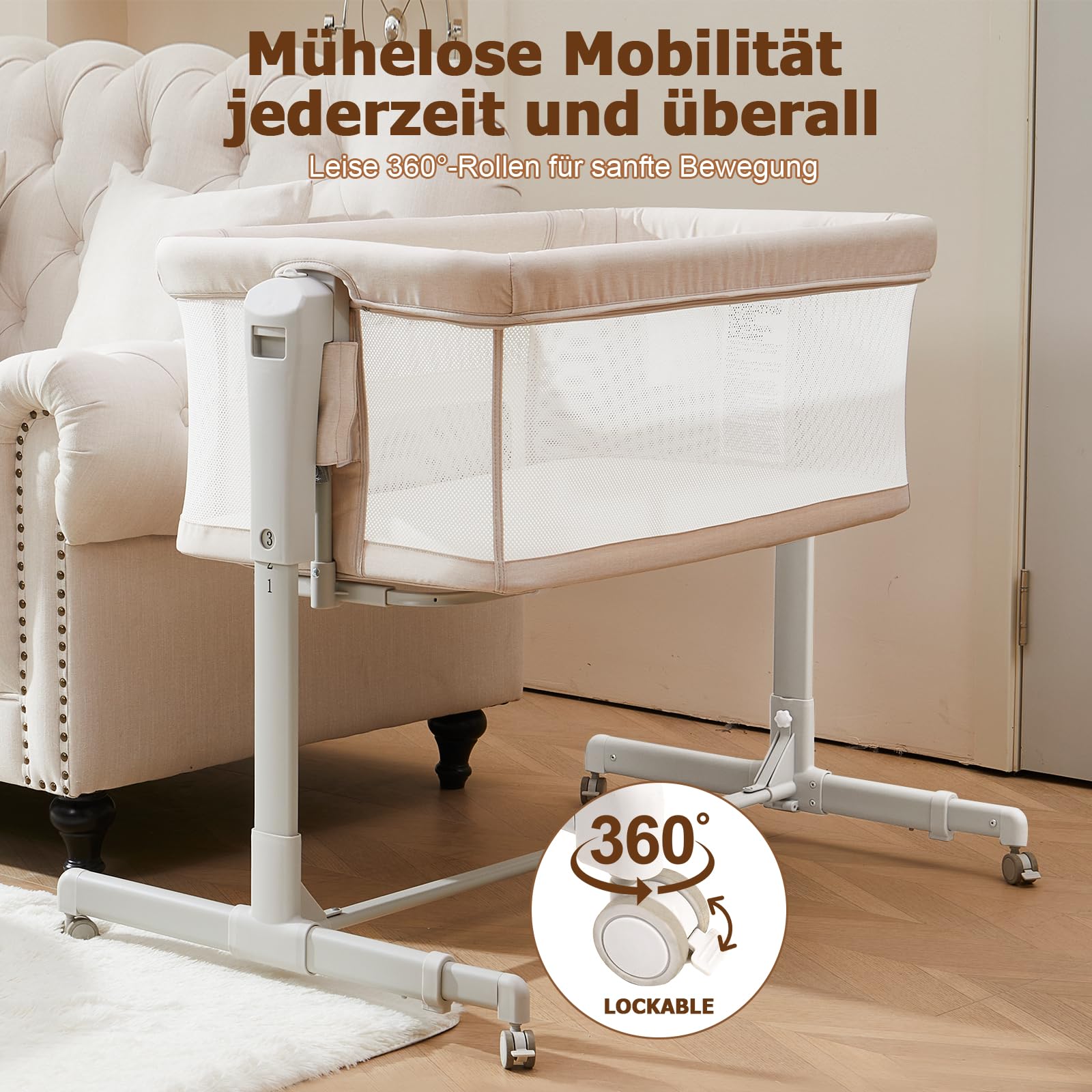 SANEWE Beistellbett Babybett - Stubenwagen Baby Bett mit Rollen Federwiege für Babys - Reisebett Set - Ausziehbares Kinderbett - Sicherer Schlafplatz für Kleinkinder