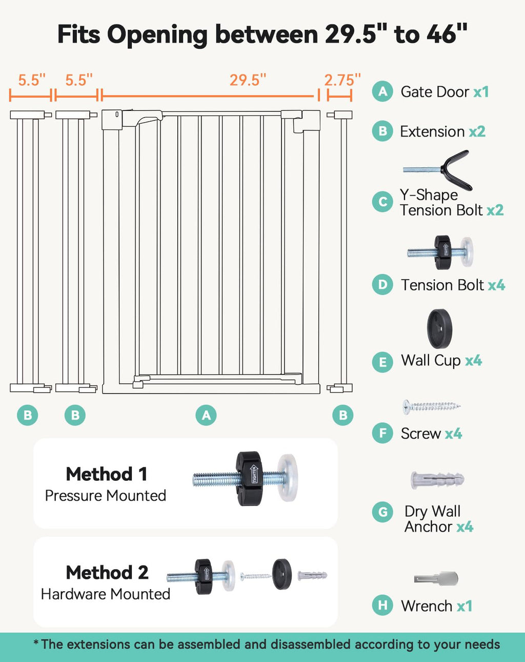COMOMY Sicherheitsgitter für Kinder, sehr hoch, 75 – 117 cm, Treppe, ohne Bohren, ausziehbar, automatischer Verschluss, druckmontiert (schwarz)