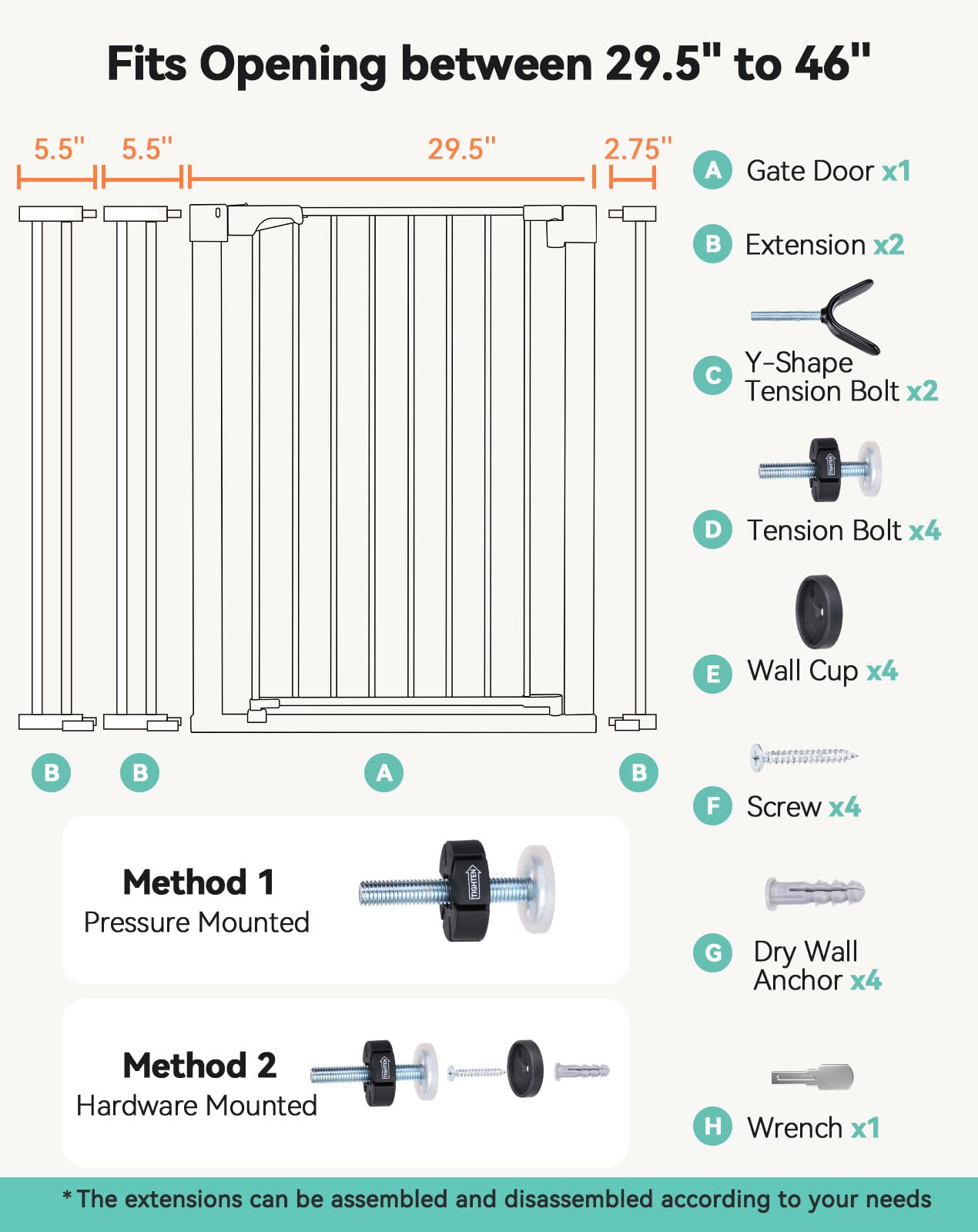 COMOMY Sicherheitsgitter für Kinder, sehr hoch, 75 – 117 cm, Treppe, ohne Bohren, ausziehbar, automatischer Verschluss, druckmontiert (schwarz)