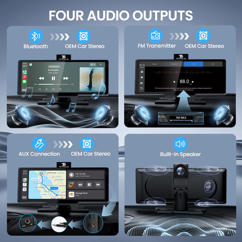 TECXERLLON 10,26 Zoll Wireless Carplay & Android Auto, Apple Car Play Display mit 4K Dashcam&1080P Rückkamera, Android Auto Display mit GPS Navigation, Mirror Link AUX FM 64G TF