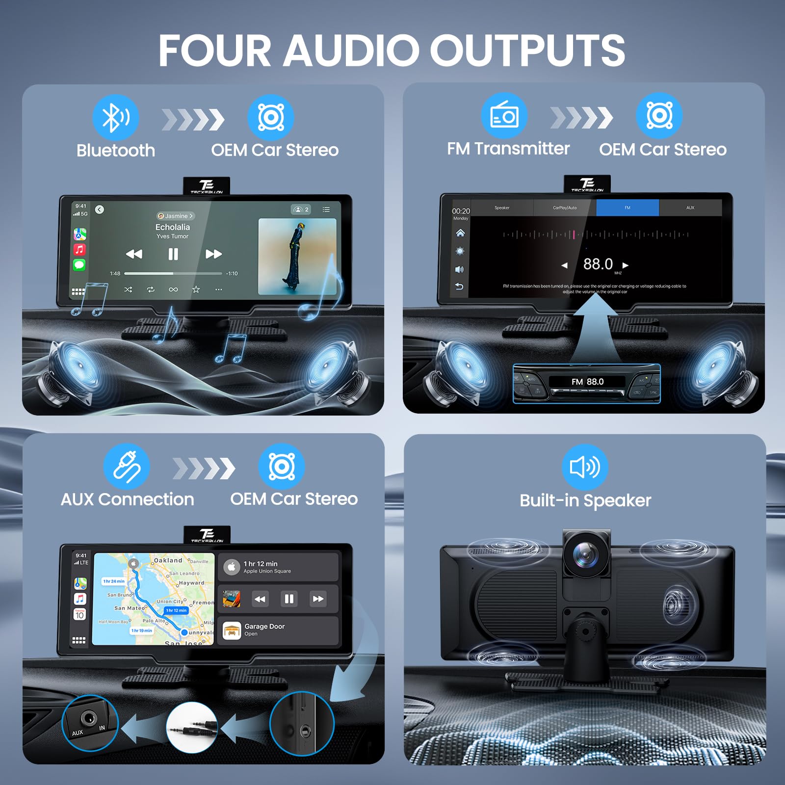 TECXERLLON 10,26 Zoll Wireless Carplay & Android Auto, Apple Car Play Display mit 4K Dashcam&1080P Rückkamera, Android Auto Display mit GPS Navigation, Mirror Link AUX FM 64G TF