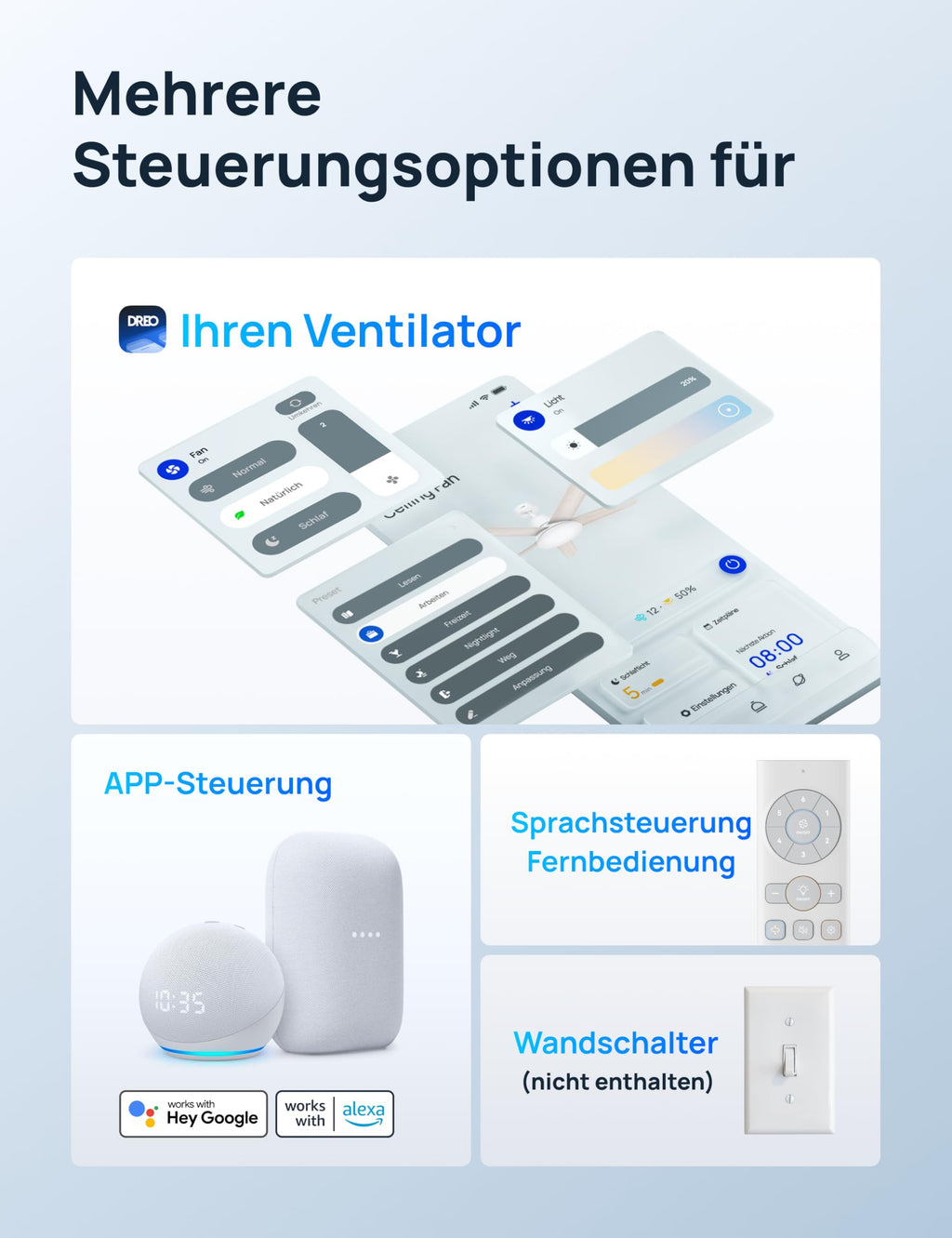 Dreo Smart Deckenventilator mit Licht, 132 cm, 12 Geschwindigkeiten, 3 Modi, stufenlos dimmbares LED-Beleuchtung, leiser DC-Motor, 12H-Timer, Fernbedienung/APP/Alexa, für Innenräume, Weiß