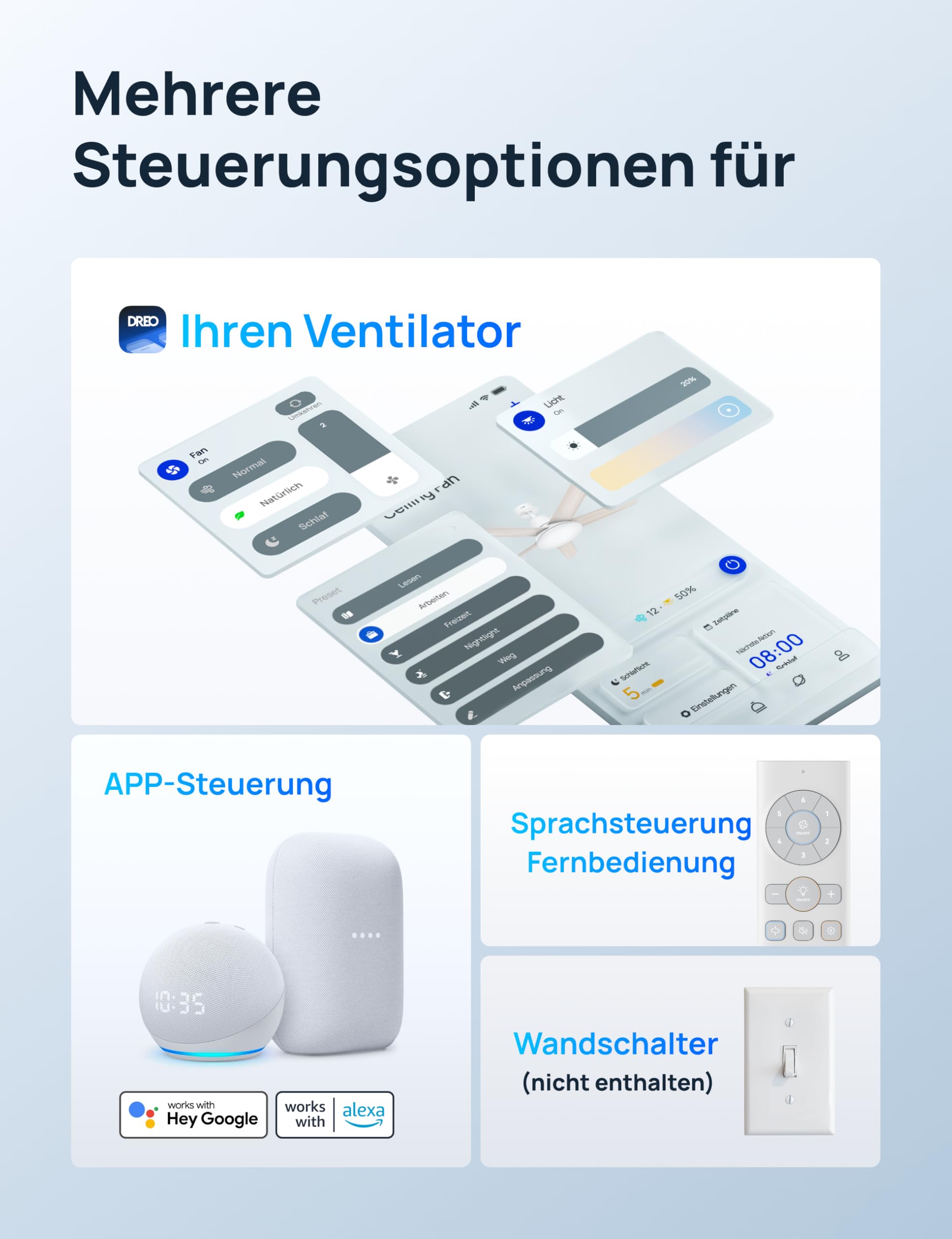 Dreo Smart Deckenventilator mit Licht, 132 cm, 12 Geschwindigkeiten, 3 Modi, stufenlos dimmbares LED-Beleuchtung, leiser DC-Motor, 12H-Timer, Fernbedienung/APP/Alexa, für Innenräume, Weiß