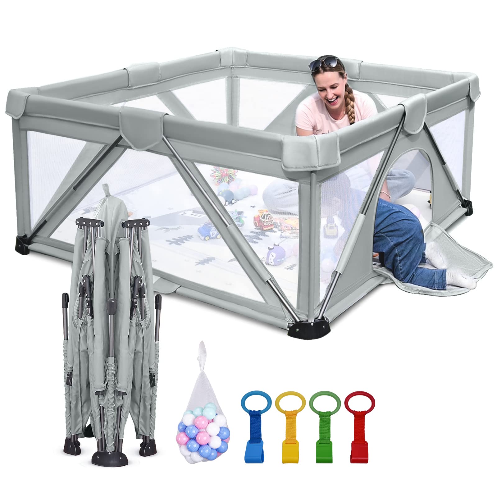 Baby Laufgitter faltbar, Heyo.Ja großer Spielhof, Laufgitter für Babys und Kleinkinder, Spiel Stifte für Babys und Kleinkinder mit Tor, tragbarer Laufstall für drinnen und draußen (150 x 180 x 68 cm)