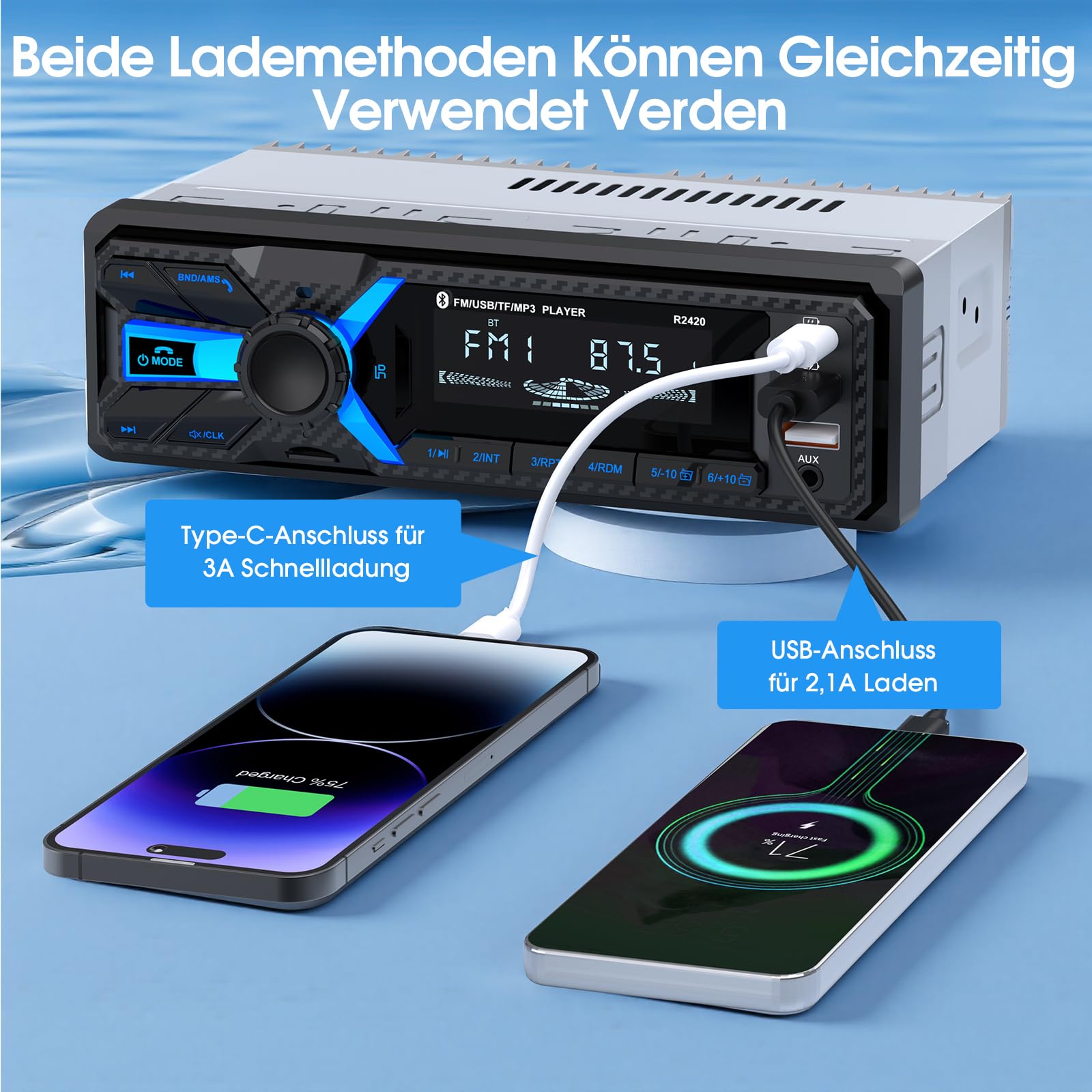 RDS Autoradio Bluetooth mit Typ-C-Ladeanschluss, CENXINY Autoradio 1DIN Bluetooth 5.0 Unterstützt 2USB/AUX/SD/TF/EQ/DSP/Android und iOS