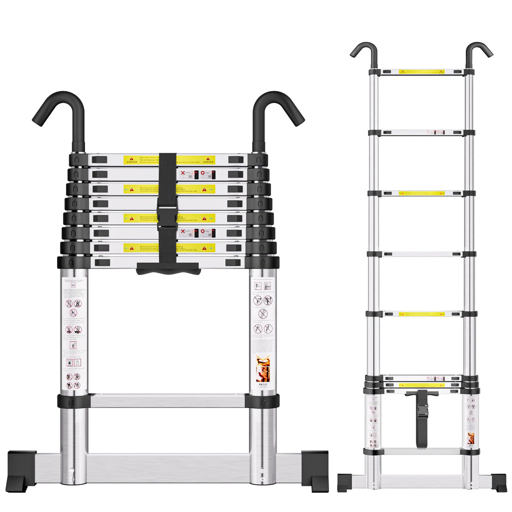 SIMPDIY 2,6M Teleskopleiter, Aluleiter ausziehbar mit Stabilisator, Leiter Ausziehbar mit Haken, 9 Sprossen, für Hause, Wohnmobil und Freien, Tragkraft 150 kg