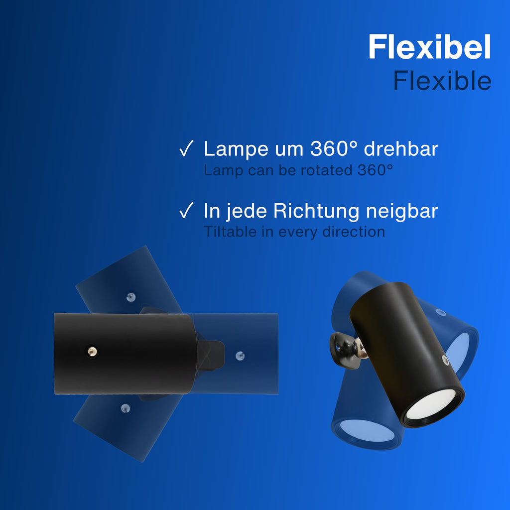 REV LED Wandlampe innen - Wandbeleuchtung mit Akku, 180lm, dimmbar, 360° drehbar, kabellose Leselampe - ideal für Flur, Schlaf- & Wohnzimmer, schwarz