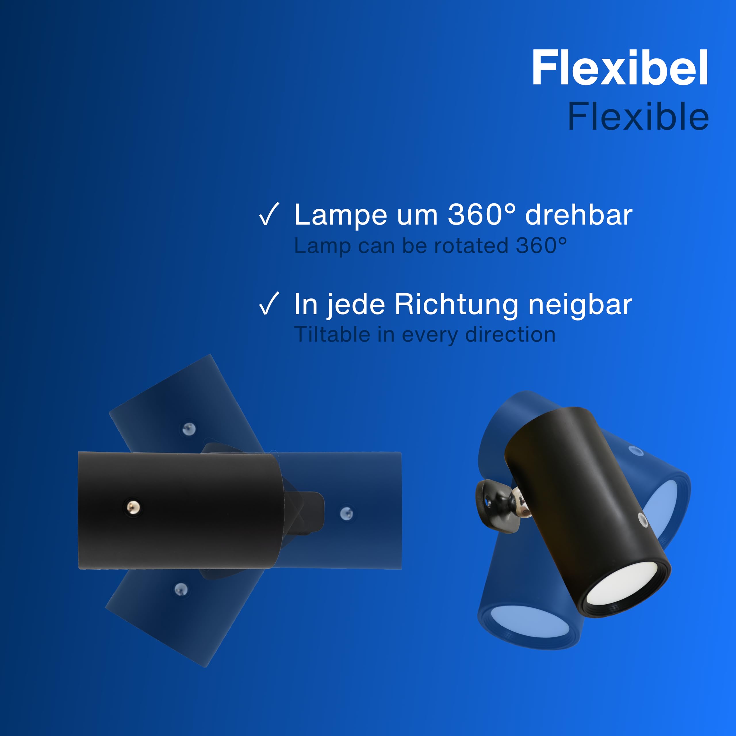 REV LED Wandlampe innen - Wandbeleuchtung mit Akku, 180lm, dimmbar, 360° drehbar, kabellose Leselampe - ideal für Flur, Schlaf- & Wohnzimmer, schwarz