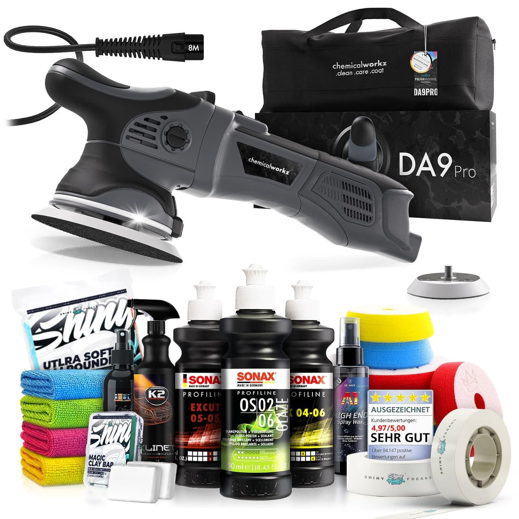 Poliermaschinen Set: chemicalworkz DA9 Pro Exzenter Poliermaschine + Sonax Politur Set + Royal Pads Premium Polierpads + Dr. Wack Versiegelung für Lack + Zubehör | 20-teilig
