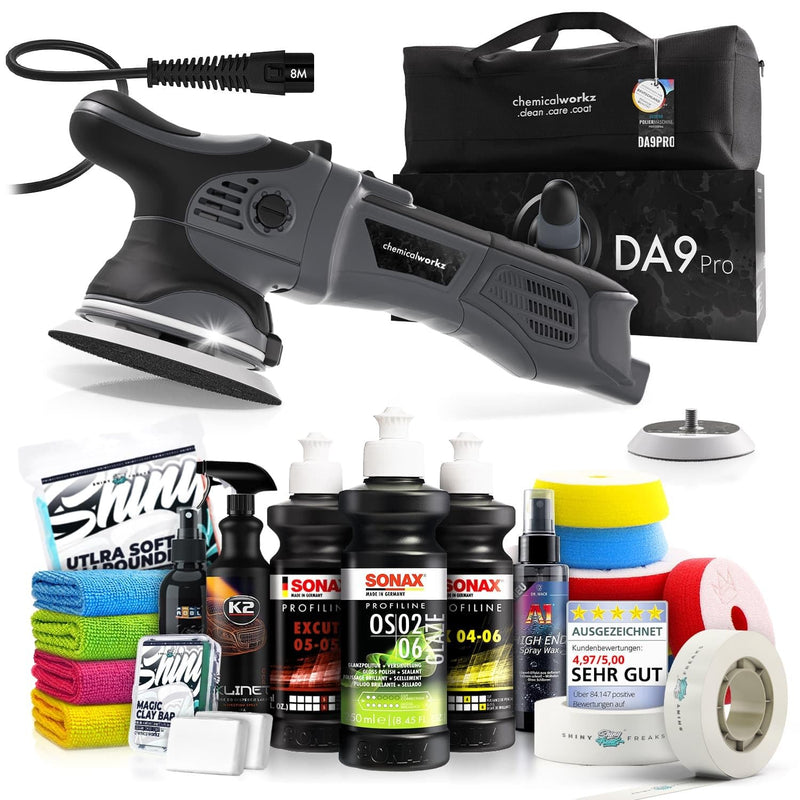 Poliermaschinen Set: chemicalworkz DA9 Pro Exzenter Poliermaschine + Sonax Politur Set + Royal Pads Premium Polierpads + Dr. Wack Versiegelung für Lack + Zubehör | 20-teilig