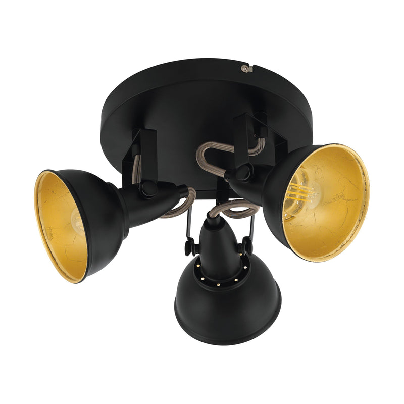 EGLO Deckenstrahler Thornton, Deckenlampe mit 3 Spots, Vintage Deckenleuchte Wohnzimmer, Retro Lampe Decke, Wohnzimmerlampe aus Metall in Schwarz Gold, E14 Fassung, Ø 21 cm