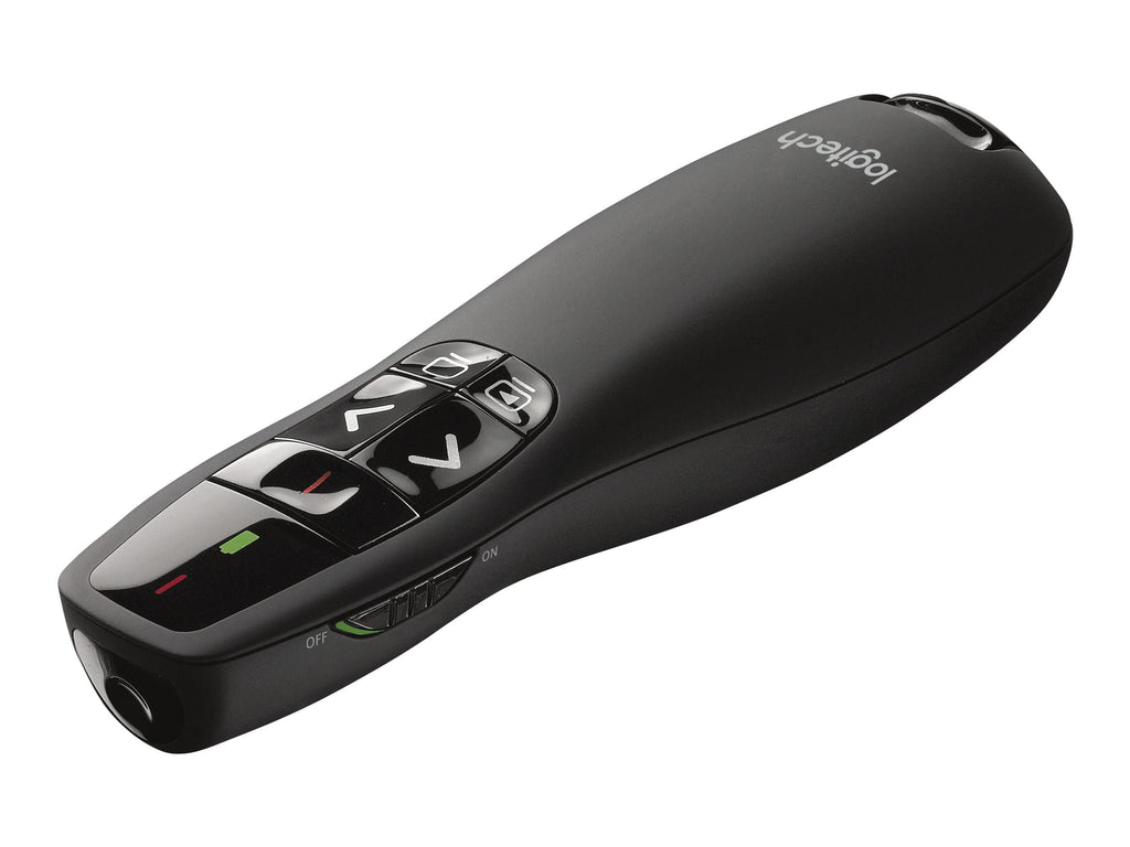 Logitech R400 Presenter, Kabellose 2.4 GHz Verbindung via USB-Empfänger, 15m Reichweite, Roter Laserpointer, Intuitive Bedienelemente, 6 Tasten, Batterieanzeige, PC - Schwarz