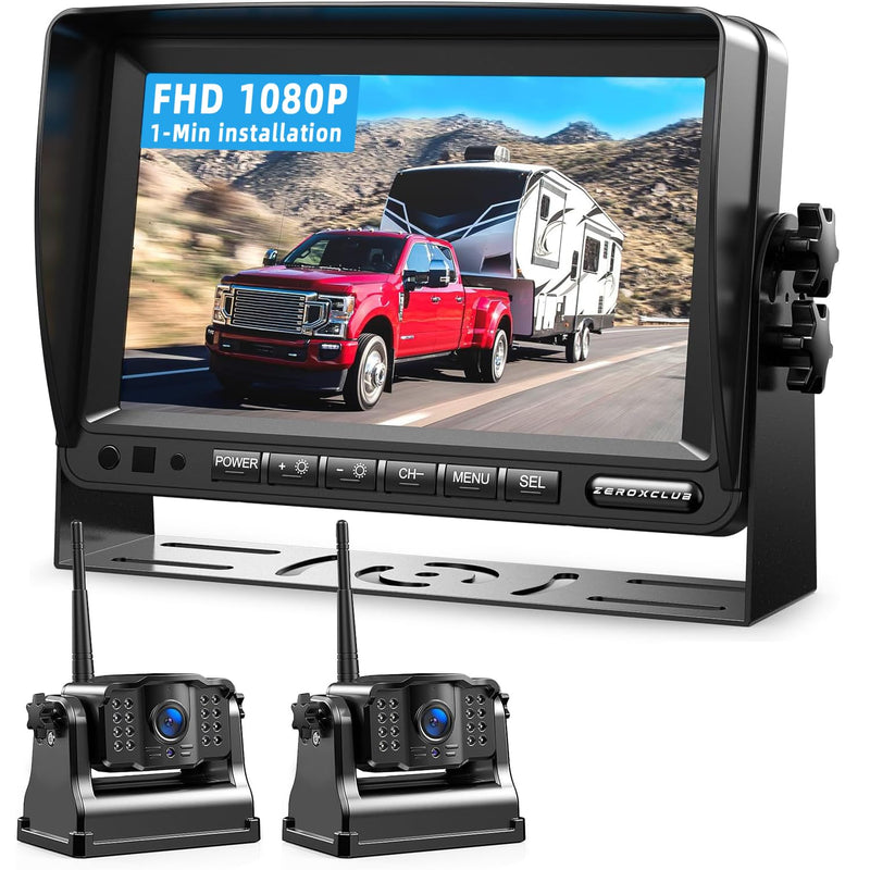 2 Magnetische Rückfahrkamera Kabellos, 7 Zoll 1080P FHD Monitor, 9600mAh Wiederaufladbare Akku, 1-Min Einrichtung, IP69K Wasserdicht Rückfahrkameras für Wohnmobile,Anhänger und LKWs