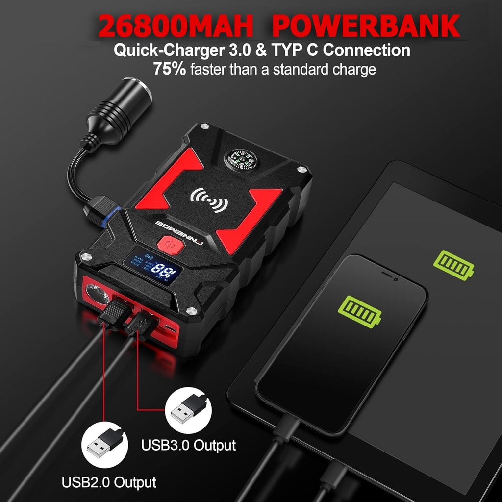 FNNEMGE Starthilfe Powerbank 6000A 26800mAh Spitzenstrom 12V(Alle Benzin und 10,0L Diesel) Auto Upgrade Booster,Mit USB Quick Charge 3.0, LED Licht, EC-5 Ausgabe.