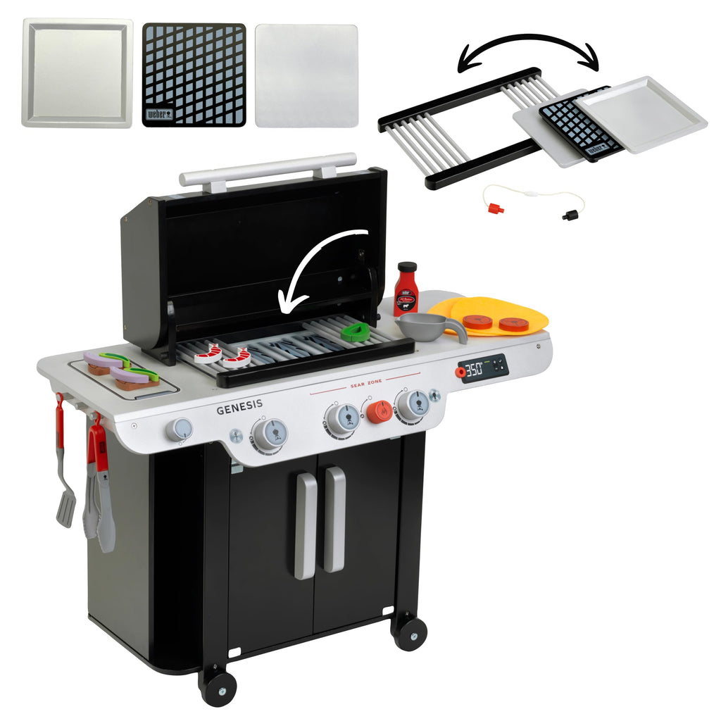 Theo Klein 9445 Weber Grill Genesis aus Holz inklusive Einsätze für Steak, Pizza oder Gemüse Mit Food-Attrappen und Grillbesteck Spielzeug für Kinder ab 3 Jahren