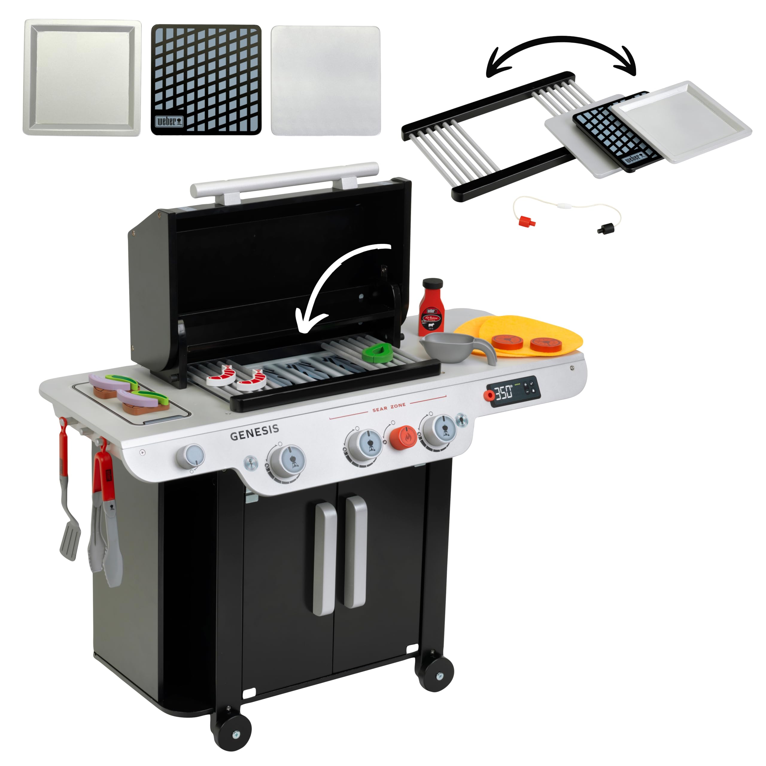 Theo Klein 9445 Weber Grill Genesis aus Holz inklusive Einsätze für Steak, Pizza oder Gemüse Mit Food-Attrappen und Grillbesteck Spielzeug für Kinder ab 3 Jahren