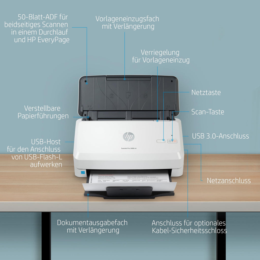 HP ScanJet Pro 3000 s4, Scanner, Einzelblattzufuhr, 50-Blatt ADF, USB 3.0, bis zu 4.000 Seiten täglich, Schnelleinstellungen