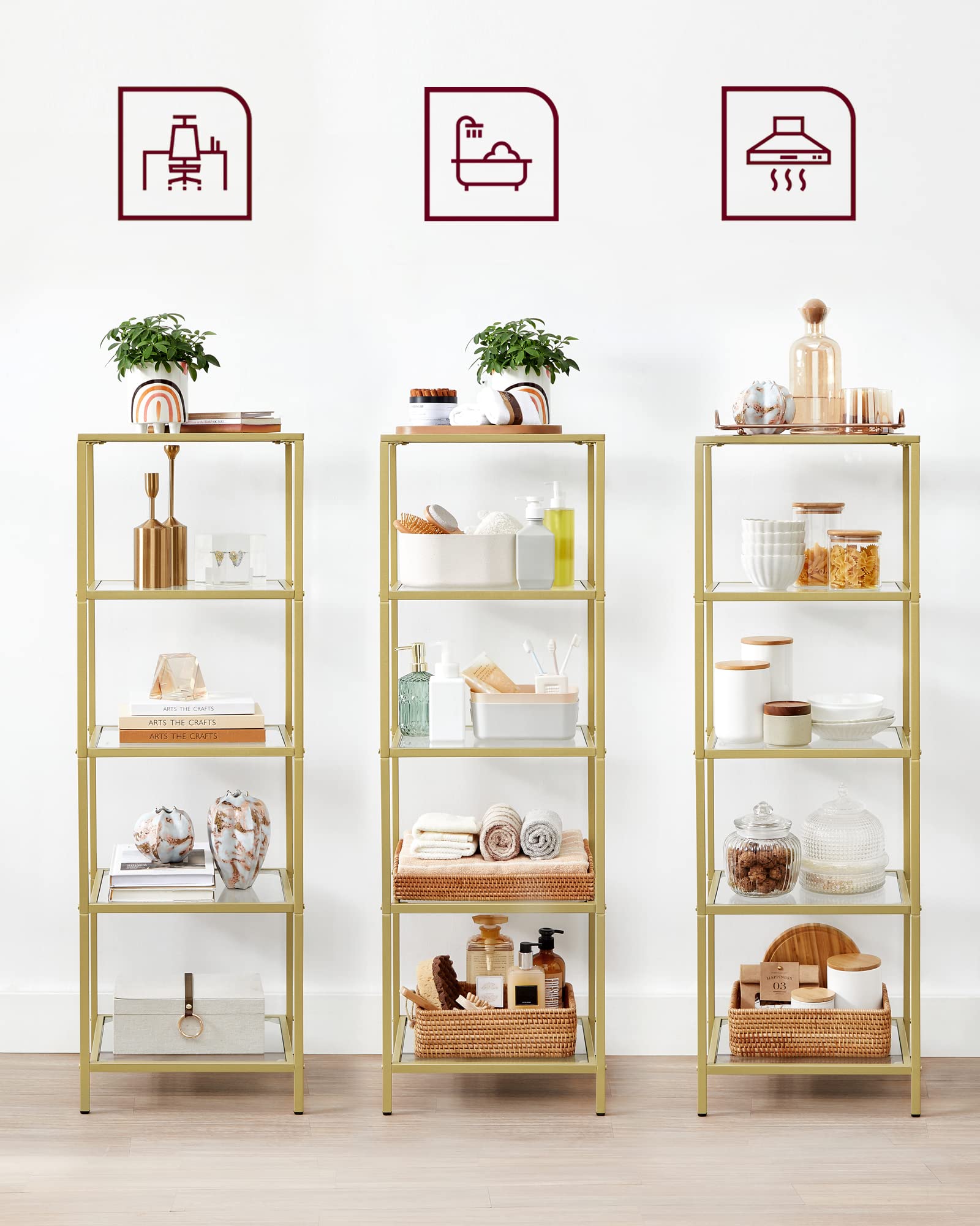 VASAGLE Regal mit 5 Ablagen, Badregal, gehärtetes Glas, einfache Montage, für Badezimmer, Wohnzimmer, Küche, Büro, transparent-metallisches Gold LGT029A01