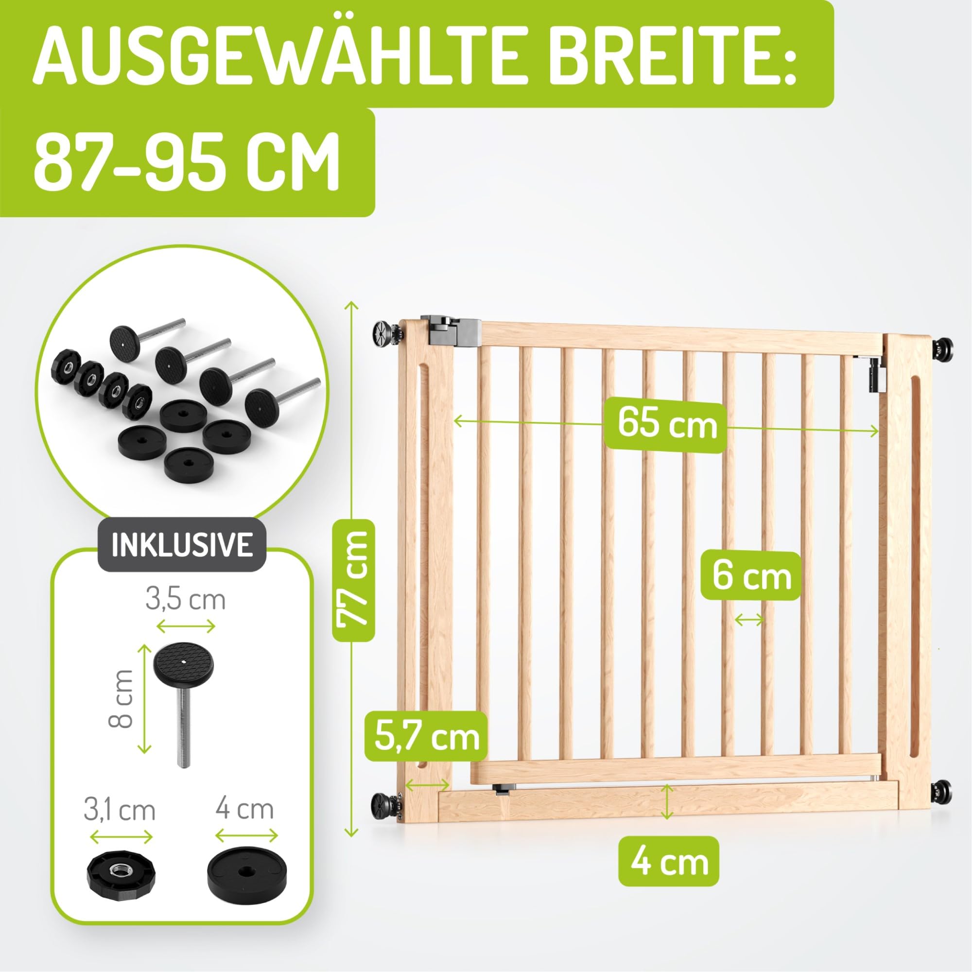 BOMI Baby Schutzgitter Treppe Miko PEFC geprüftes Buchenholz | Ohne Bohren | Gittertür aus Holz schwarz | Stabile Baby Schutzgitter Tür für Kindersicherheit | Treppen Türgitter | Breite: 87-95 cm