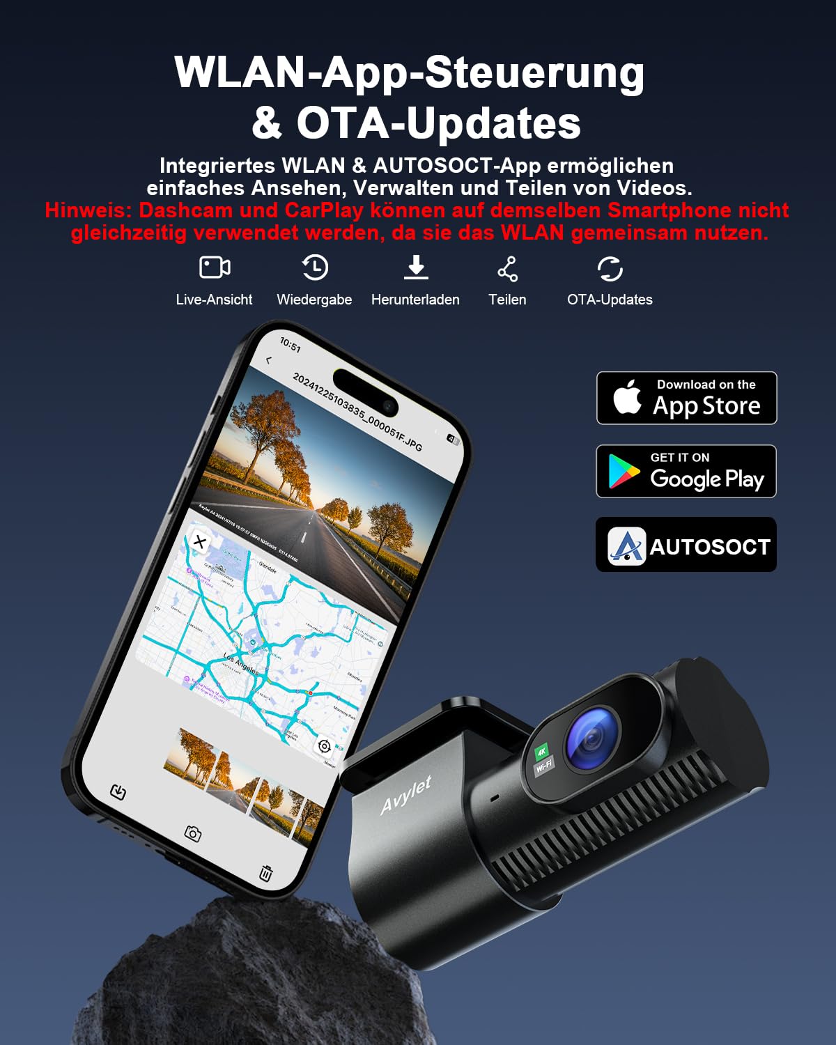 Avylet 4K+1080P Dashcam Auto Vorne Hinten, 5GHz Wi-Fi/APP Mini Dual Auto Kamera,1,5″ IPS, Unterstützt Externes GPS-Modul, Parküberwachung, Super Nachtsicht, WDR, 170°Weitwinkel, G-Sensor, Max 256GB