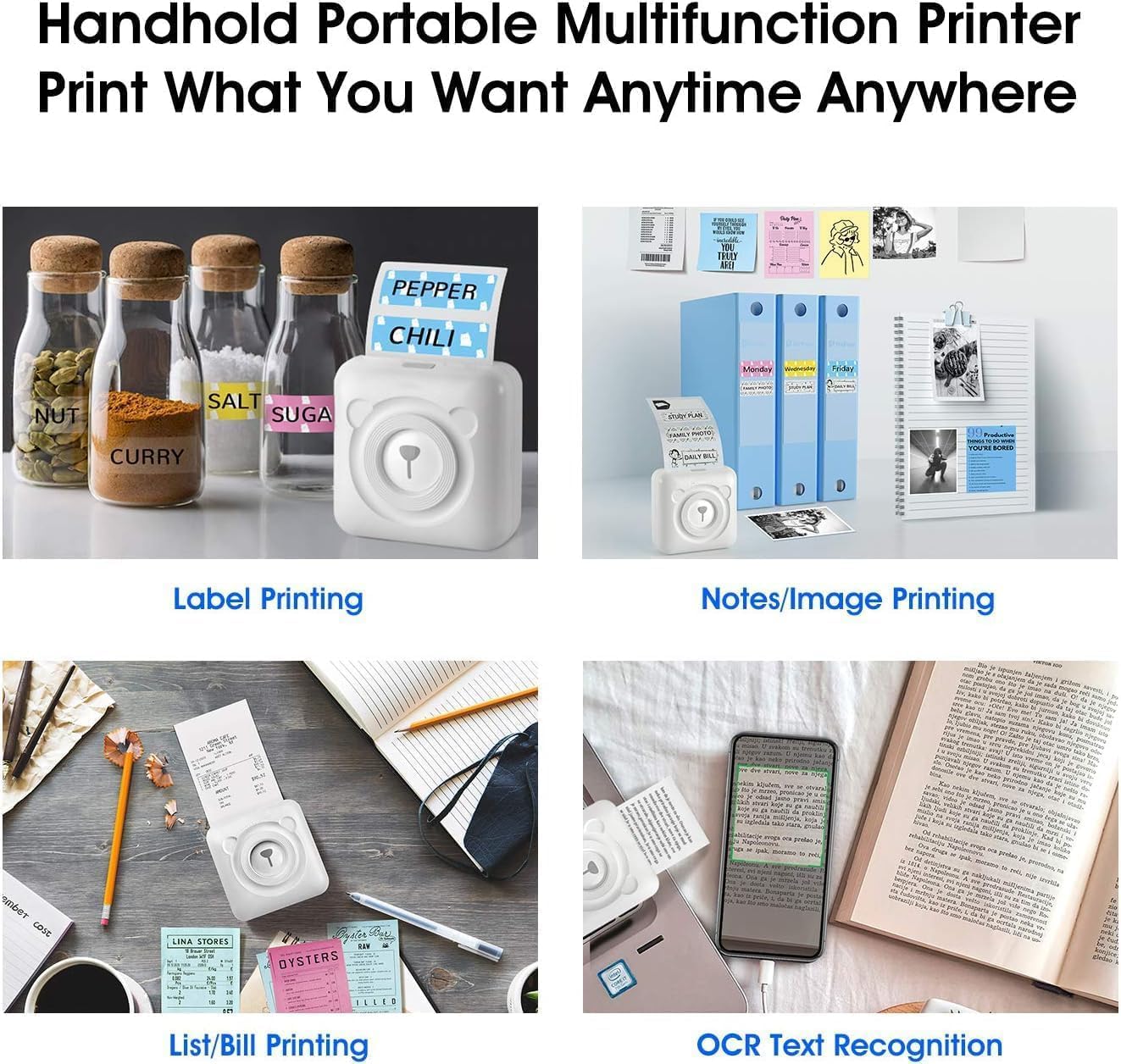 PeriPage Etikettendrucker, Monochrom, Mini Drucker für Smartphone, Sticker Drucker Klein Mini Fotodrucker Thermodrucker USB Taschen Label Printer Schwarz Weiss