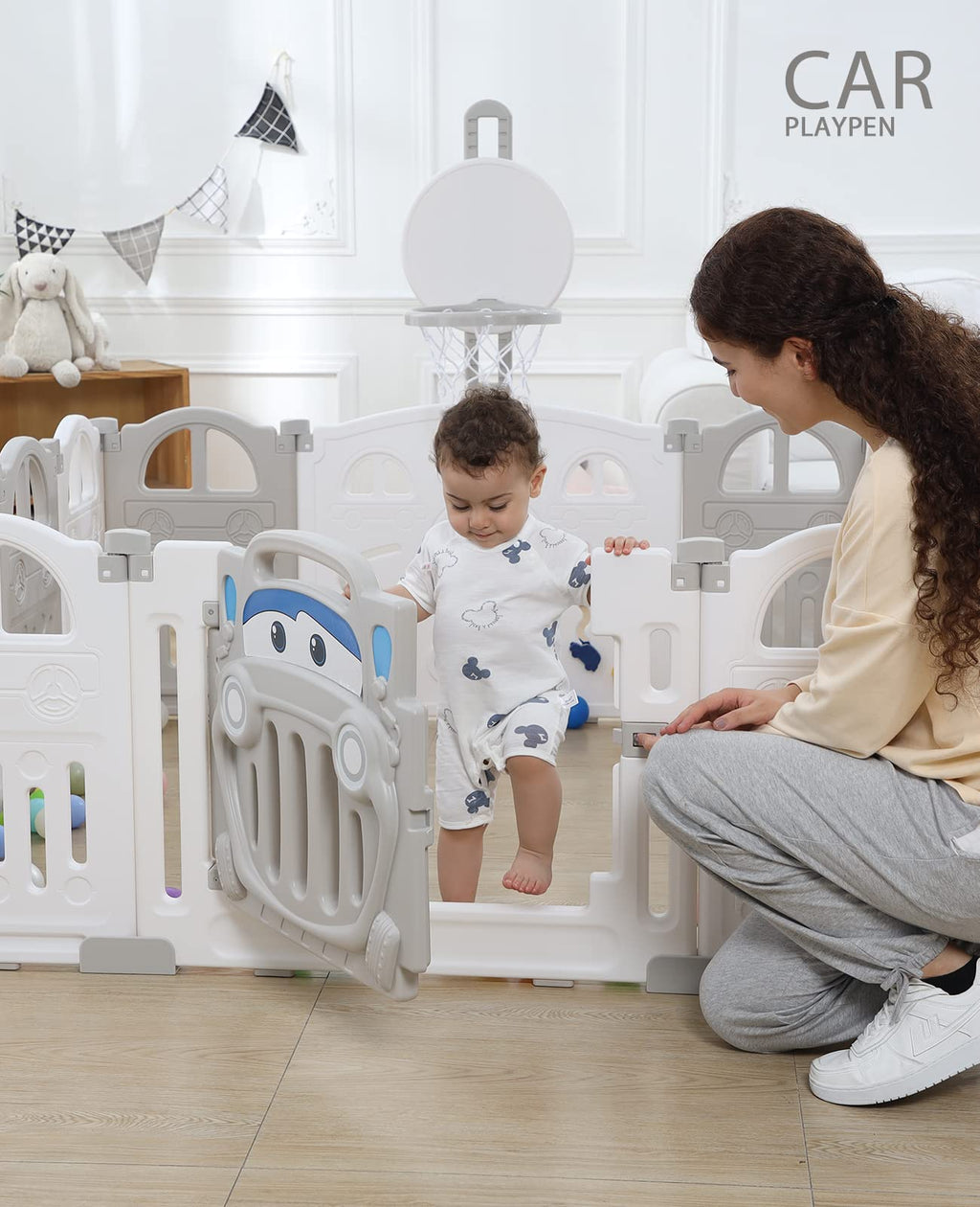 UBRAVOO Faltbarer Baby-Laufstall mit Mini-Basketballkorb und 50 farbigen Pit-Bällen, Auto-Laufstall für Babys und Kleinkinder, großes und lustiges Indoor-Aktivitätszentrum, EDP001 (14-Panel)