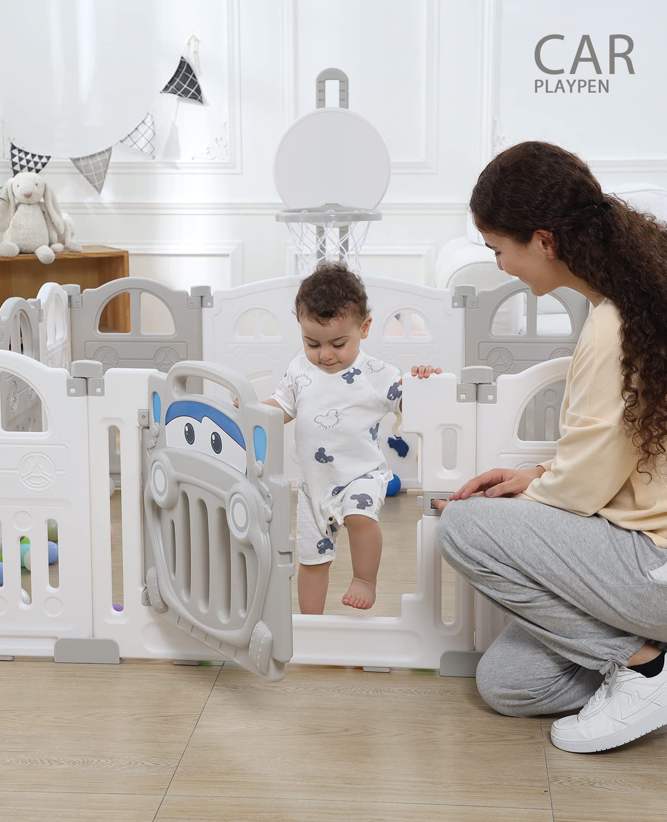 UBRAVOO Faltbarer Baby-Laufstall mit Mini-Basketballkorb und 50 farbigen Pit-Bällen, Auto-Laufstall für Babys und Kleinkinder, großes und lustiges Indoor-Aktivitätszentrum, EDP001 (14-Panel)
