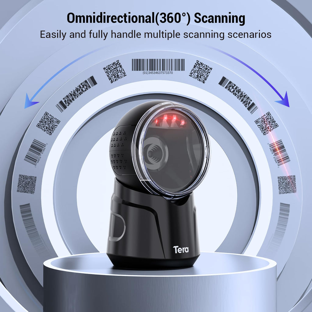 Tera Barcode-Scanner Desktop Omnidirektional: 1D 2D QR Freihändiger USB-Verdrahteter Barcodescanner Einstellbarer Scan-Kopf für POS Supermarkt Einzelhandelsgeschäft Mobile Zahlung Modell 9000