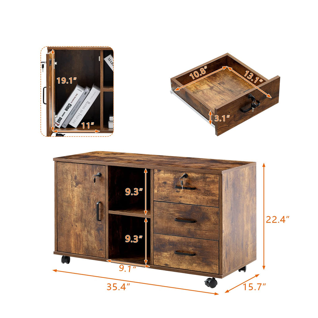 TUKAILAI Rollcontainer Abschließbar mit 3 Schubladen, Lagerung Fach und Offene Regale, Aktenschrank, Büroschrank mit Rollen, Dokumente in DIN-A4, Legal, Letter-Format, Büromöbel, braun